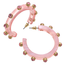Load image into Gallery viewer, Pink Resin + Rhinestone Studded Color Hoops