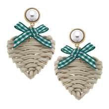 Load image into Gallery viewer, Green Gingham Rattan Heart Earrings