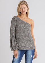 Load image into Gallery viewer, Gunmetal Sequin One Shoulder Top